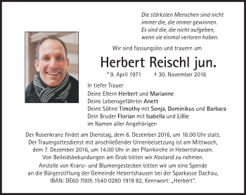 Traueranzeige von Herbert Reischl von Süddeutsche Zeitung