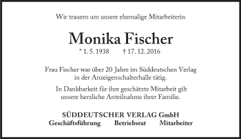 Traueranzeige von Monika Fischer von Süddeutsche Zeitung