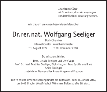 Traueranzeige von Wolfgang Seeliger von Süddeutsche Zeitung