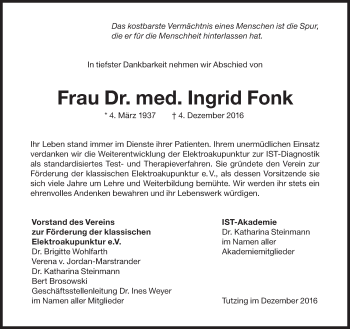 Traueranzeige von Ingrid Fonk von Süddeutsche Zeitung