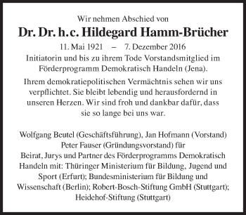 Traueranzeige von Hildegard Hamm-Brücher von Süddeutsche Zeitung