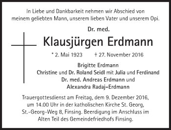 Traueranzeige von Klausjürgen Erdmann von Süddeutsche Zeitung