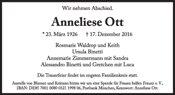 Traueranzeige von Anneliese Ott von Süddeutsche Zeitung