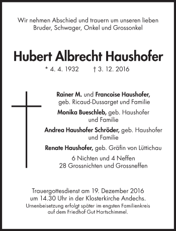 Traueranzeige von Hubert Albrecht Haushofer von Süddeutsche Zeitung