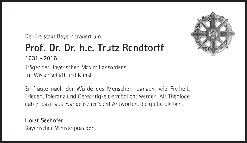  Traueranzeige für Trutz Rendtorff vom 31.12.2016 aus Süddeutsche Zeitung