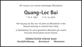 Traueranzeige von Quang-Loc Bui von Süddeutsche Zeitung