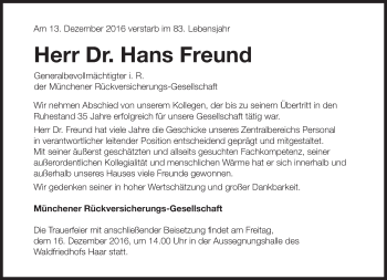 Traueranzeige von Hans Freund von Süddeutsche Zeitung