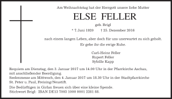 Traueranzeige von Else Feller von Süddeutsche Zeitung