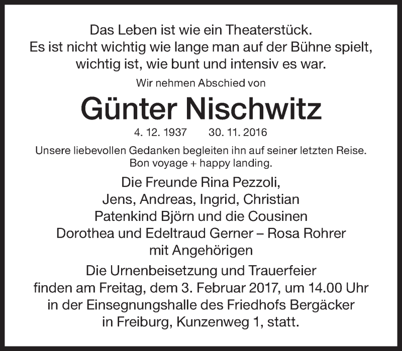  Traueranzeige für Günter Nischwitz vom 10.12.2016 aus Süddeutsche Zeitung