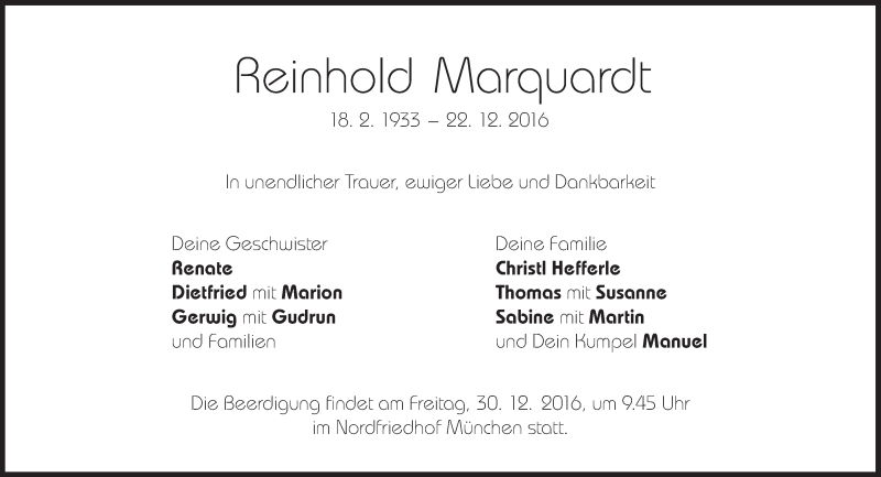  Traueranzeige für Reinhold Marquardt vom 27.12.2016 aus Süddeutsche Zeitung