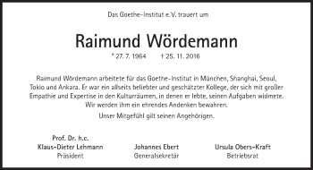 Traueranzeige von Raimund Wördemann von Süddeutsche Zeitung