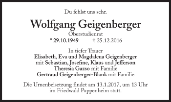 Traueranzeige von Wolfgang Geigenberger von Süddeutsche Zeitung