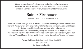 Traueranzeige von Rainer Zirnbauer von Süddeutsche Zeitung