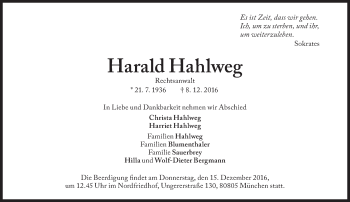 Traueranzeige von Harald Hahlweg von Süddeutsche Zeitung