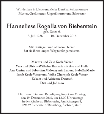 Traueranzeige von Hanneliese  Rogalla von Bieberstein von Süddeutsche Zeitung