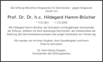 Traueranzeige von Hildegard Hamm-Brücher von Süddeutsche Zeitung