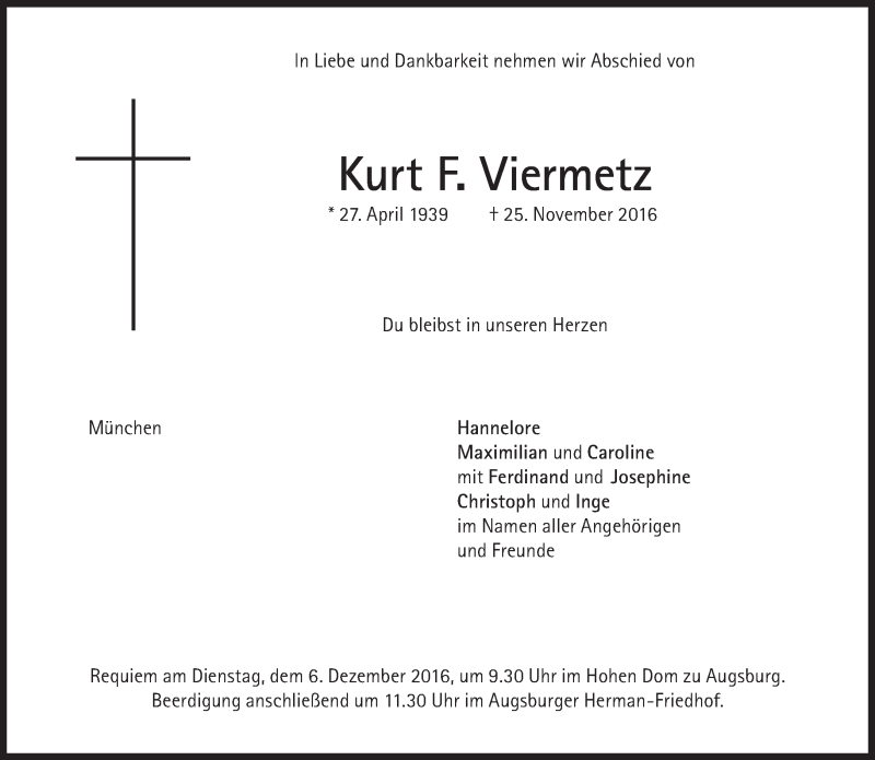  Traueranzeige für Kurt F. Viermetz vom 03.12.2016 aus Süddeutsche Zeitung
