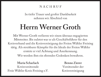 Traueranzeige von Werner Groth von Süddeutsche Zeitung