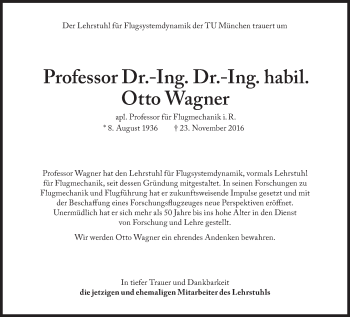 Traueranzeige von Otto Wagner von Süddeutsche Zeitung