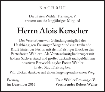 Traueranzeige von Alois Kerscher von Süddeutsche Zeitung
