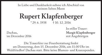 Traueranzeige von Rupert Klapfenberger von Süddeutsche Zeitung