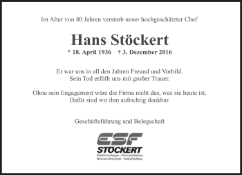 Traueranzeige von Hans Stöckert von Süddeutsche Zeitung