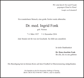 Traueranzeige von Ingrid Fonk von Süddeutsche Zeitung