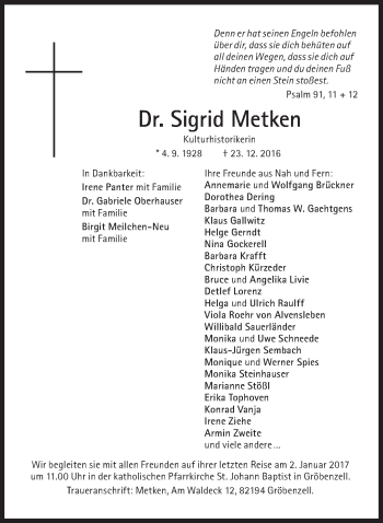 Traueranzeige von Sigrid Metken von Süddeutsche Zeitung