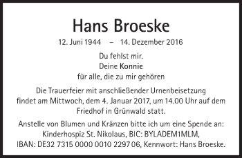 Traueranzeige von Hans Broeske von Süddeutsche Zeitung