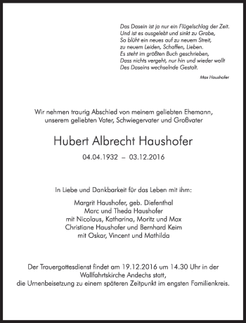 Traueranzeige von Hubert Albrecht Haushofer von Süddeutsche Zeitung