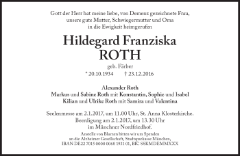 Traueranzeige von Hildegard Franziska Roth von Süddeutsche Zeitung