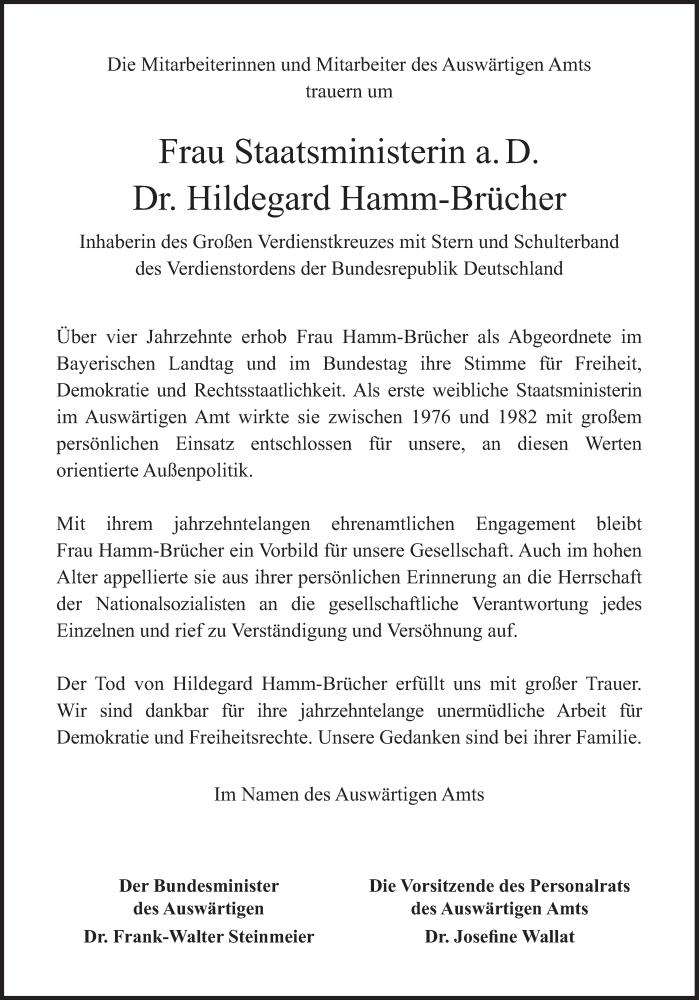  Traueranzeige für Hildegard Hamm-Brücher vom 13.12.2016 aus Süddeutsche Zeitung