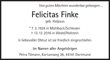 Traueranzeige von Felicitas Finke von Süddeutsche Zeitung
