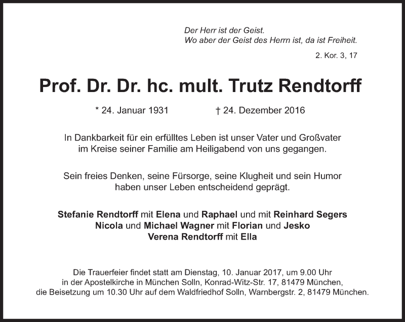  Traueranzeige für Trutz Rendtorff vom 31.12.2016 aus Süddeutsche Zeitung