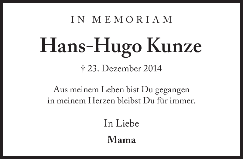  Traueranzeige für Hans-Hugo Kunze vom 23.12.2016 aus Süddeutsche Zeitung