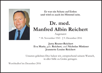 Traueranzeige von Manfred Albin Reichert von Süddeutsche Zeitung