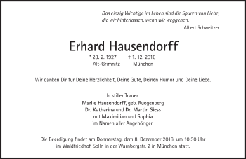 Traueranzeige von Erhard Hausendorff von Süddeutsche Zeitung