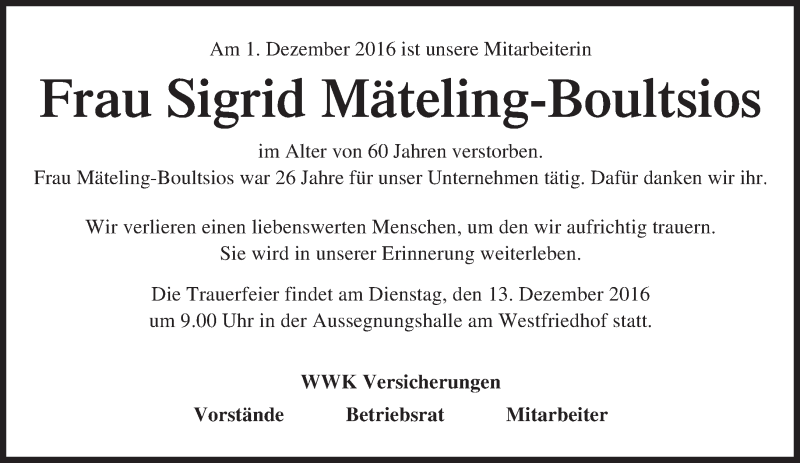 Traueranzeige für Sigrid Mäteling-Boultsios vom 08.12.2016 aus Süddeutsche Zeitung