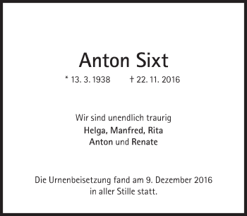 Traueranzeige von Anton Sixt von Süddeutsche Zeitung