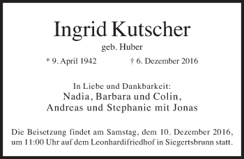 Traueranzeige von Ingrid Kutscher von Süddeutsche Zeitung