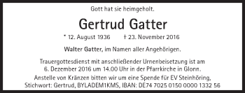 Traueranzeige von Gertrud Gatter von Süddeutsche Zeitung