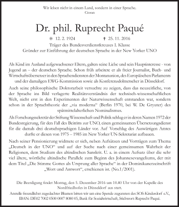 Traueranzeige von Ruprecht Paqué von Süddeutsche Zeitung