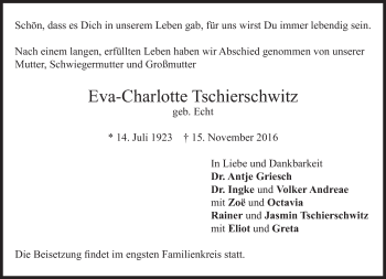 Traueranzeige von Eva-Charlotte Tschierschwitz von Süddeutsche Zeitung