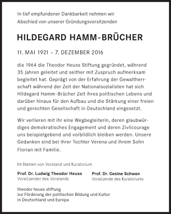 Traueranzeige von Hildegard Hamm-Brücher von Süddeutsche Zeitung