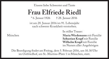 Traueranzeige von Elfriede Riedl von Süddeutsche Zeitung