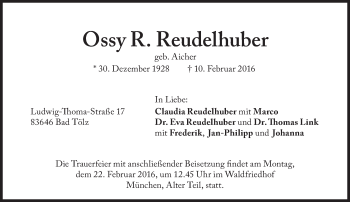 Traueranzeige von Ossy R. Reudelhuber von Süddeutsche Zeitung