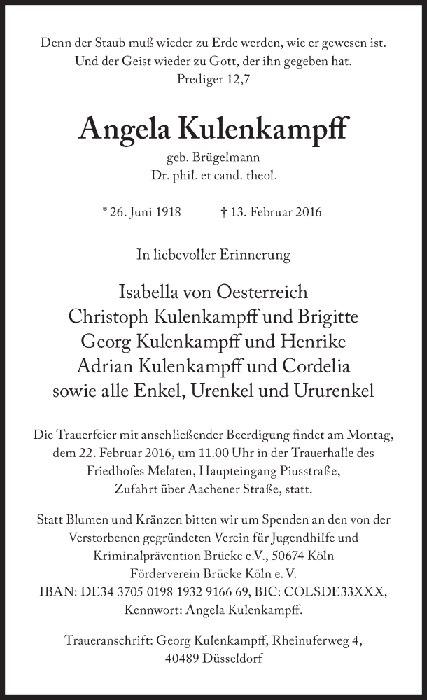  Traueranzeige für Angela Kulenkampff vom 19.02.2016 aus Süddeutsche Zeitung