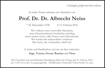 Traueranzeige von Prof. Dr. Dr. Albrecht Neiss von Süddeutsche Zeitung