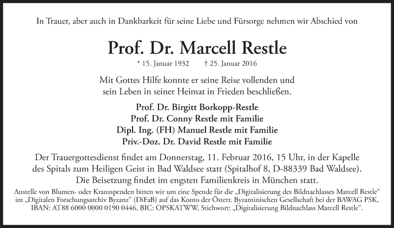  Traueranzeige für Marcell Restle vom 06.02.2016 aus Süddeutsche Zeitung