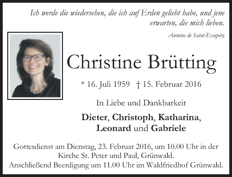  Traueranzeige für Christine Brütting vom 20.02.2016 aus Süddeutsche Zeitung